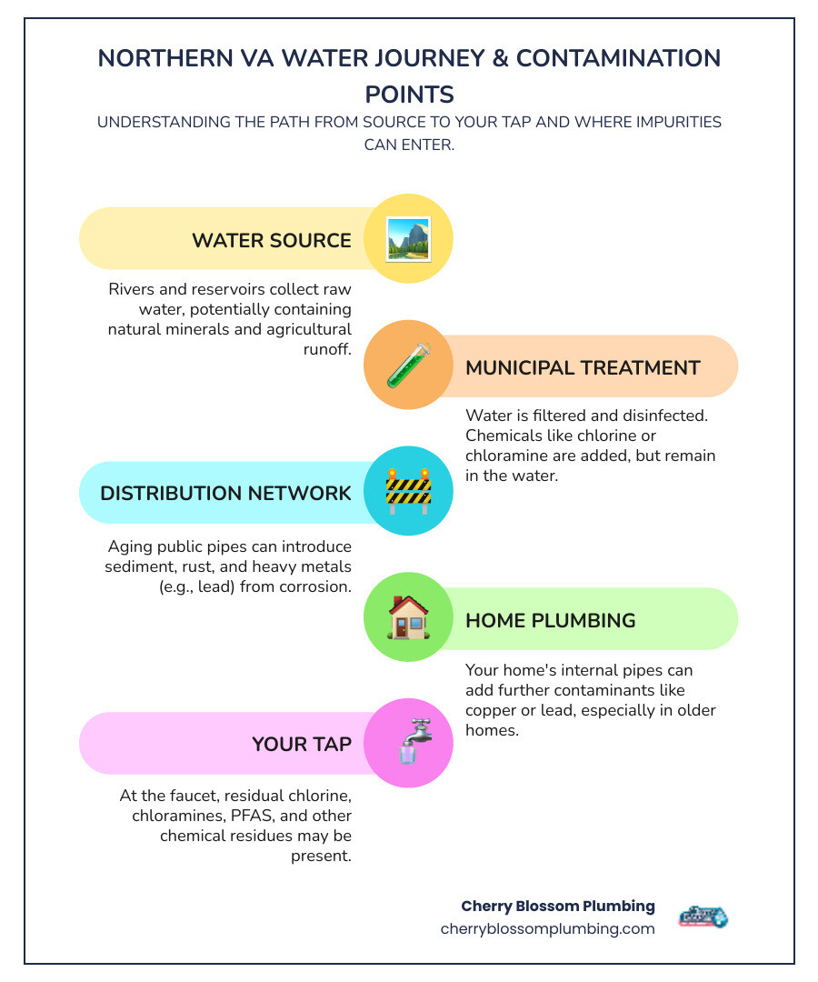 infographic showing the journey of water from Northern VA source through municipal treatment and into home plumbing, with labeled contamination points including chlorine addition, sediment pickup, pipe corrosion, and chemical residues - drinking water filtration northern va infographic infographic-line-5-steps-colors