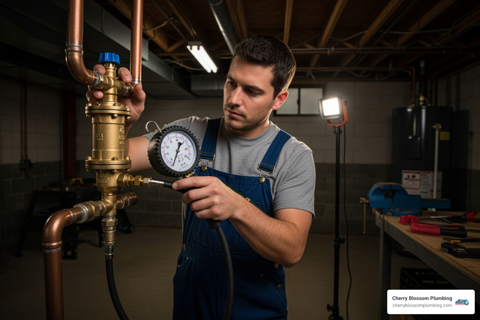 plumber checking pressure on an installed PRV with a gauge - prv installation northern va plumber checking pressure on an installed PRV with a gauge - prv installation northern va