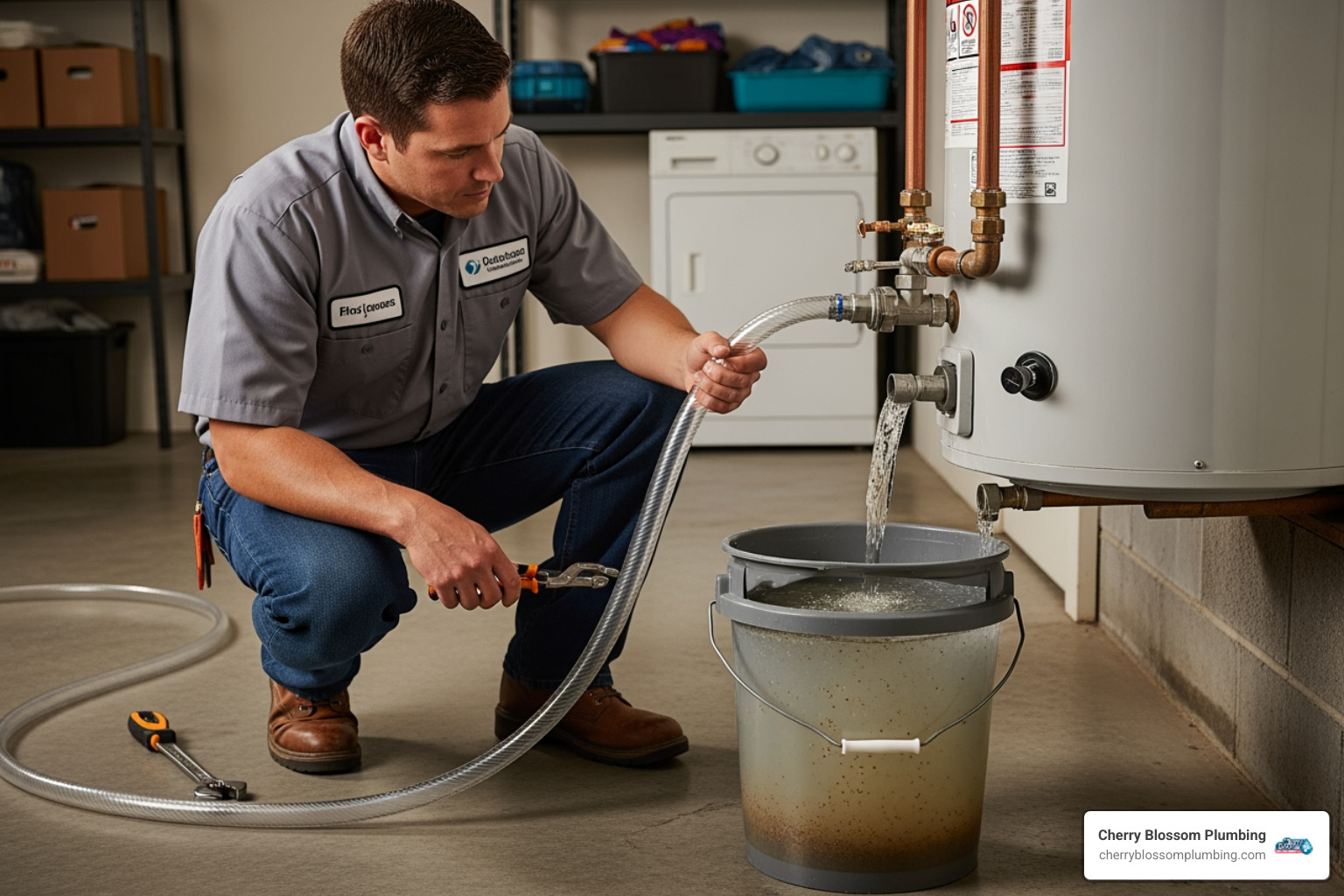 A technician flushing a water heater tank - water heater repair fairfax va A technician flushing a water heater tank - water heater repair fairfax va