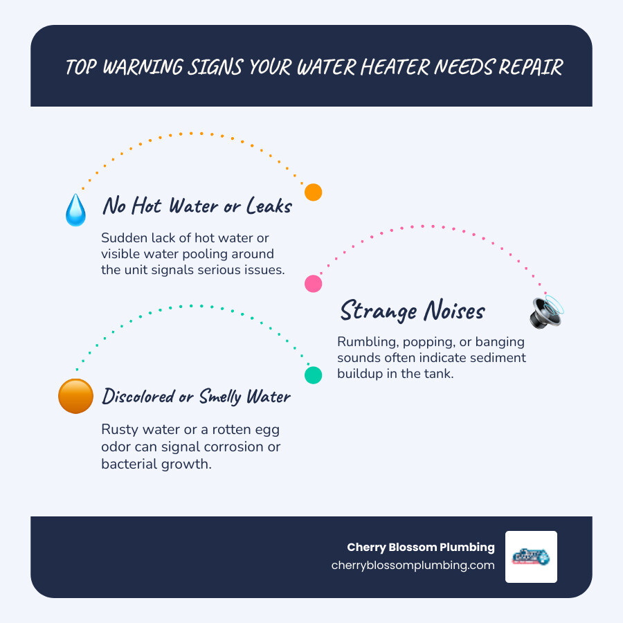 Infographic showing 5 warning signs your water heater needs repair: 1) No hot water with icon of cold faucet, 2) Strange noises with sound wave icon, 3) Rusty water with discolored water glass, 4) Leaking tank with water droplets, 5) Inconsistent temperature with fluctuating thermometer - water heater repair fairfax va infographic infographic-line-3-steps-blues-accent_colors Infographic showing 5 warning signs your water heater needs repair: 1) No hot water with icon of cold faucet, 2) Strange noises with sound wave icon, 3) Rusty water with discolored water glass, 4) Leaking tank with water droplets, 5) Inconsistent temperature with fluctuating thermometer - water heater repair fairfax va infographic infographic-line-3-steps-blues-accent_colors