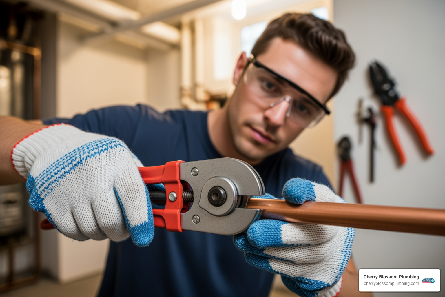 of a plumber preparing to cut a copper pipe - water pressure regulator installation of a plumber preparing to cut a copper pipe - water pressure regulator installation