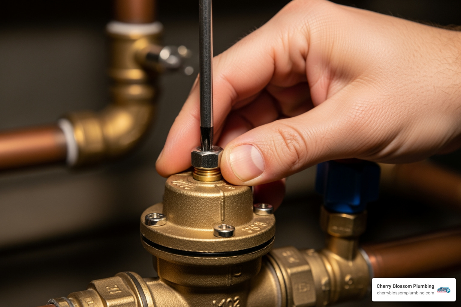 of a hand adjusting the screw on top of a PRV - water pressure regulator installation of a hand adjusting the screw on top of a PRV - water pressure regulator installation