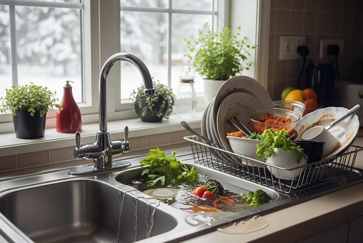 infographic showing three main holiday plumbing risks: clogged kitchen drains from cooking grease and food scraps, frozen pipes in unheated areas like basements and garages, and water heater failure from increased demand, with simple prevention icons for each - prevent plumbing emergencies during holidays infographic showing three main holiday plumbing risks: clogged kitchen drains from cooking grease and food scraps, frozen pipes in unheated areas like basements and garages, and water heater failure from increased demand, with simple prevention icons for each - prevent plumbing emergencies during holidays