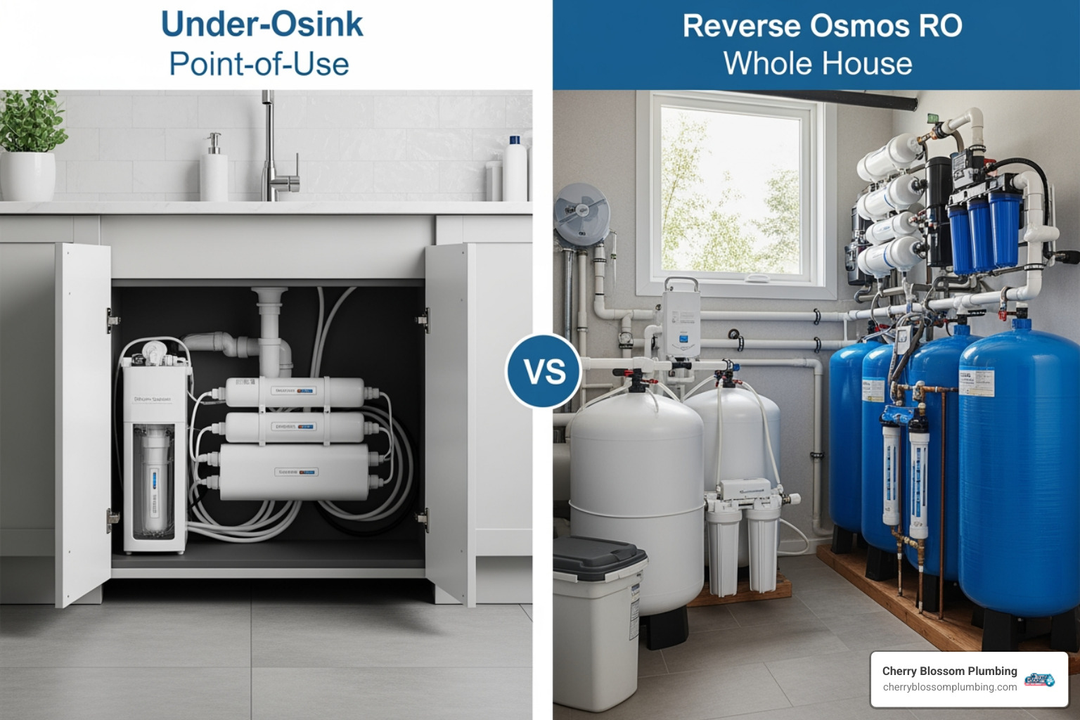 comparing a sleek under-sink POU system to a comprehensive POE system installed in a utility room - reverse osmosis pfas removal arlington va
