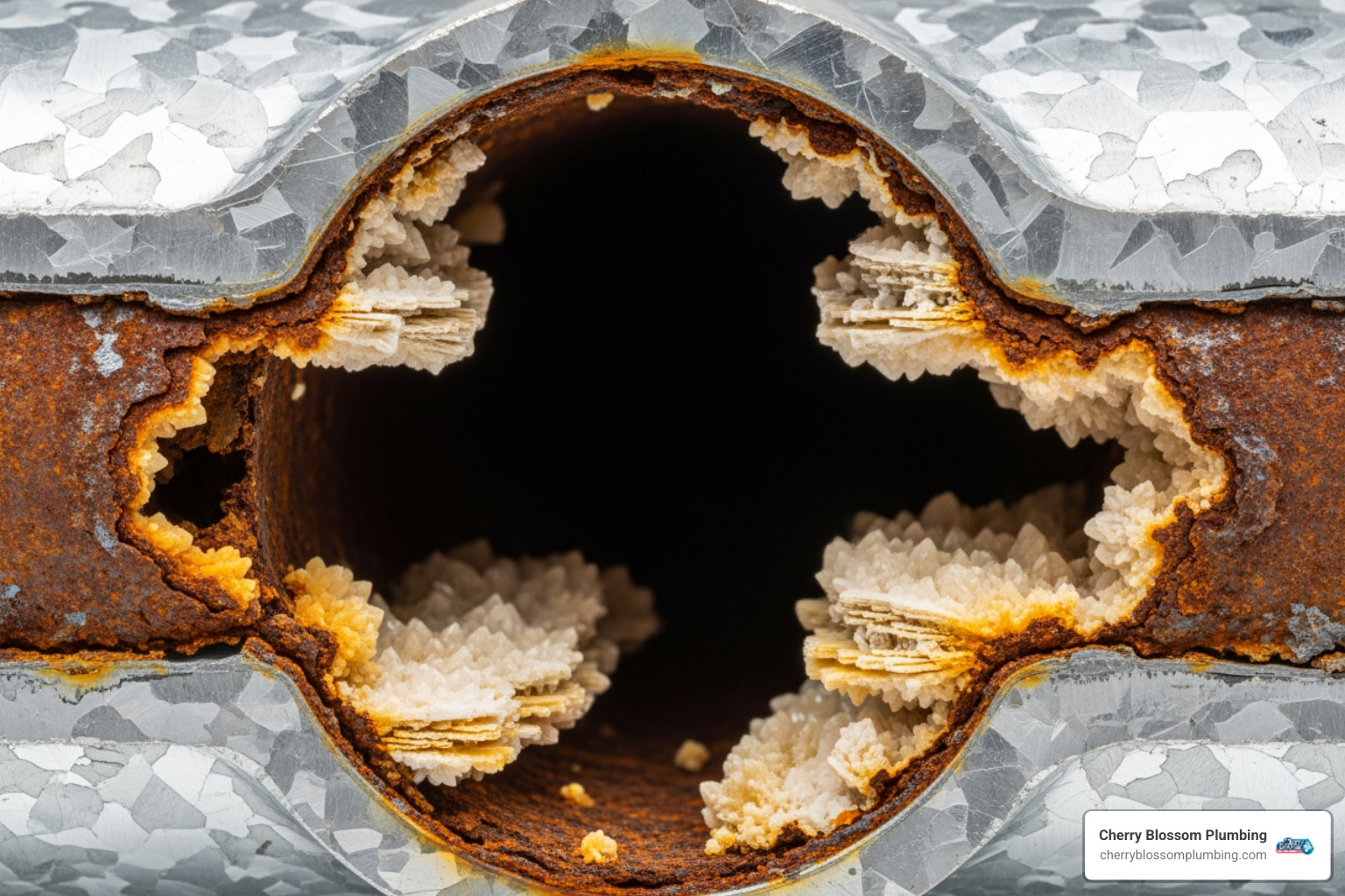 A cross-section of a galvanized pipe showing severe rust and mineral buildup inside - galvanized pipe replacement northern va