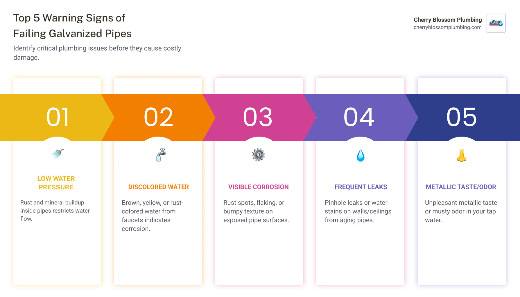 Infographic showing the top 5 warning signs of failing galvanized pipes: 1) Low or inconsistent water pressure throughout the home, 2) Brown, yellow, or rust-colored water from faucets, 3) Visible corrosion or rust spots on exposed pipes, 4) Frequent leaks or water stains on walls and ceilings, 5) Metallic taste or musty odor in tap water - galvanized pipe replacement northern va infographic pillar-5-steps