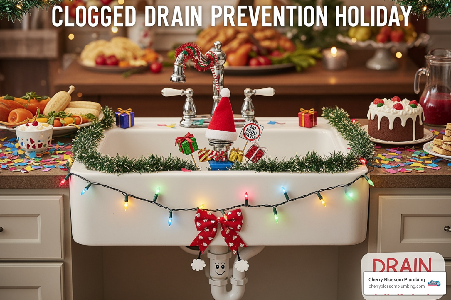 infographic showing the main causes of holiday drain clogs including increased cooking with fats oils and grease, starchy foods like potato peels and pasta, more guests creating hair and soap scum buildup in bathrooms, and non-flushable items being flushed down toilets, with statistics showing Brown Friday as the busiest plumbing day of the year - clogged drain prevention holiday