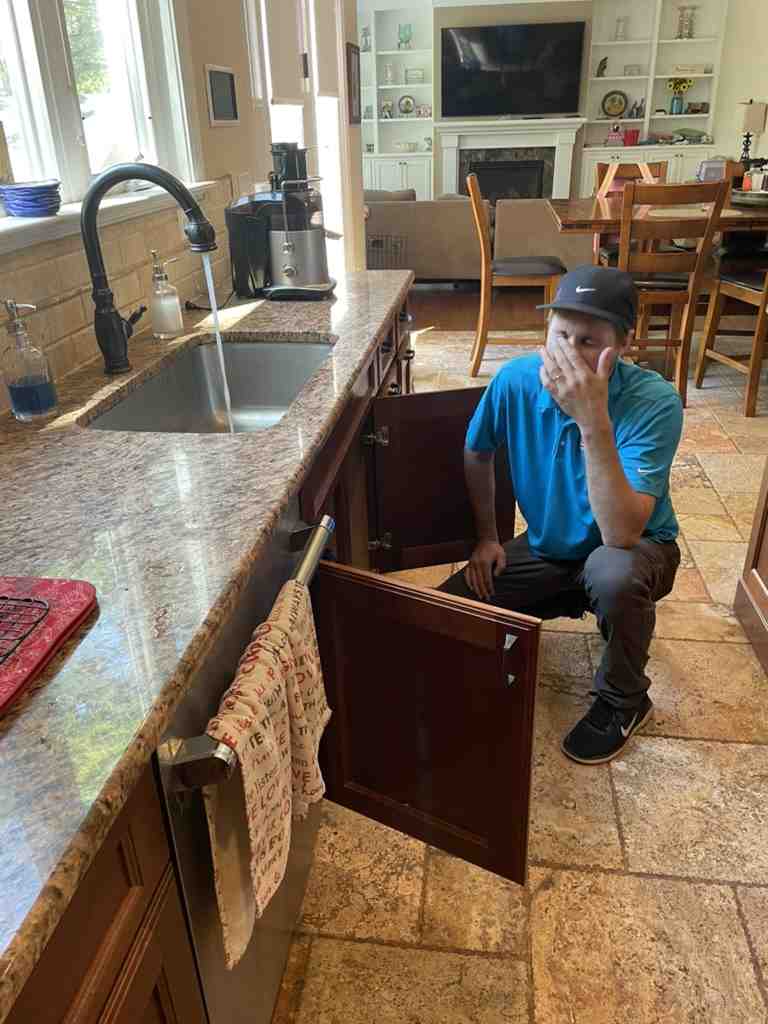 person examining under-sink cabinet - under sink water filter