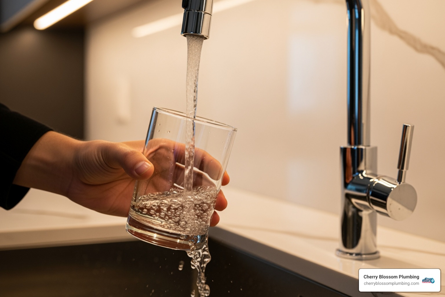person filling glass from filtered water tap - under sink water filter