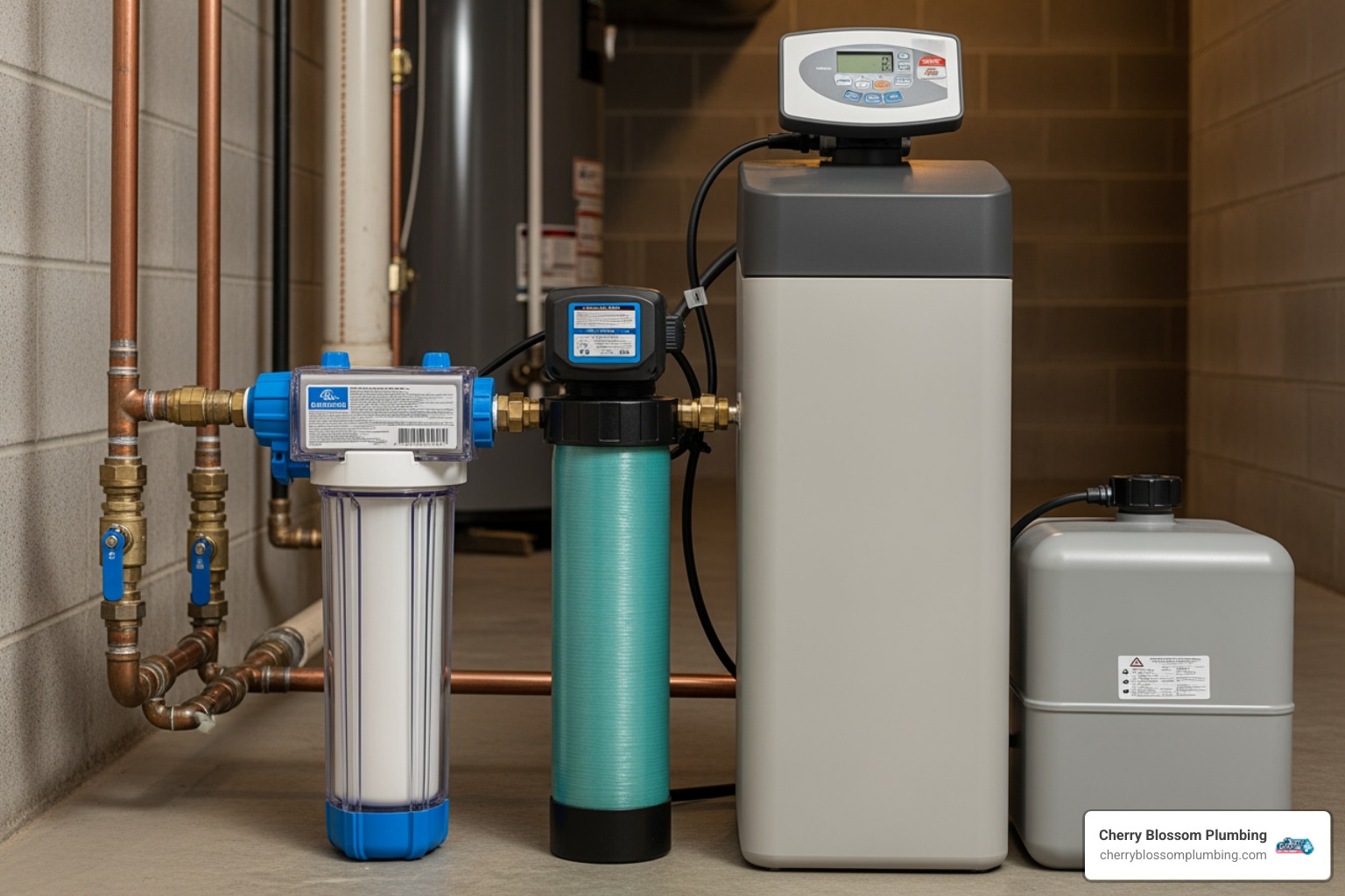 Side-by-side of a sediment filter, scale inhibitor, and a water softener - water heater filter Side-by-side of a sediment filter, scale inhibitor, and a water softener - water heater filter
