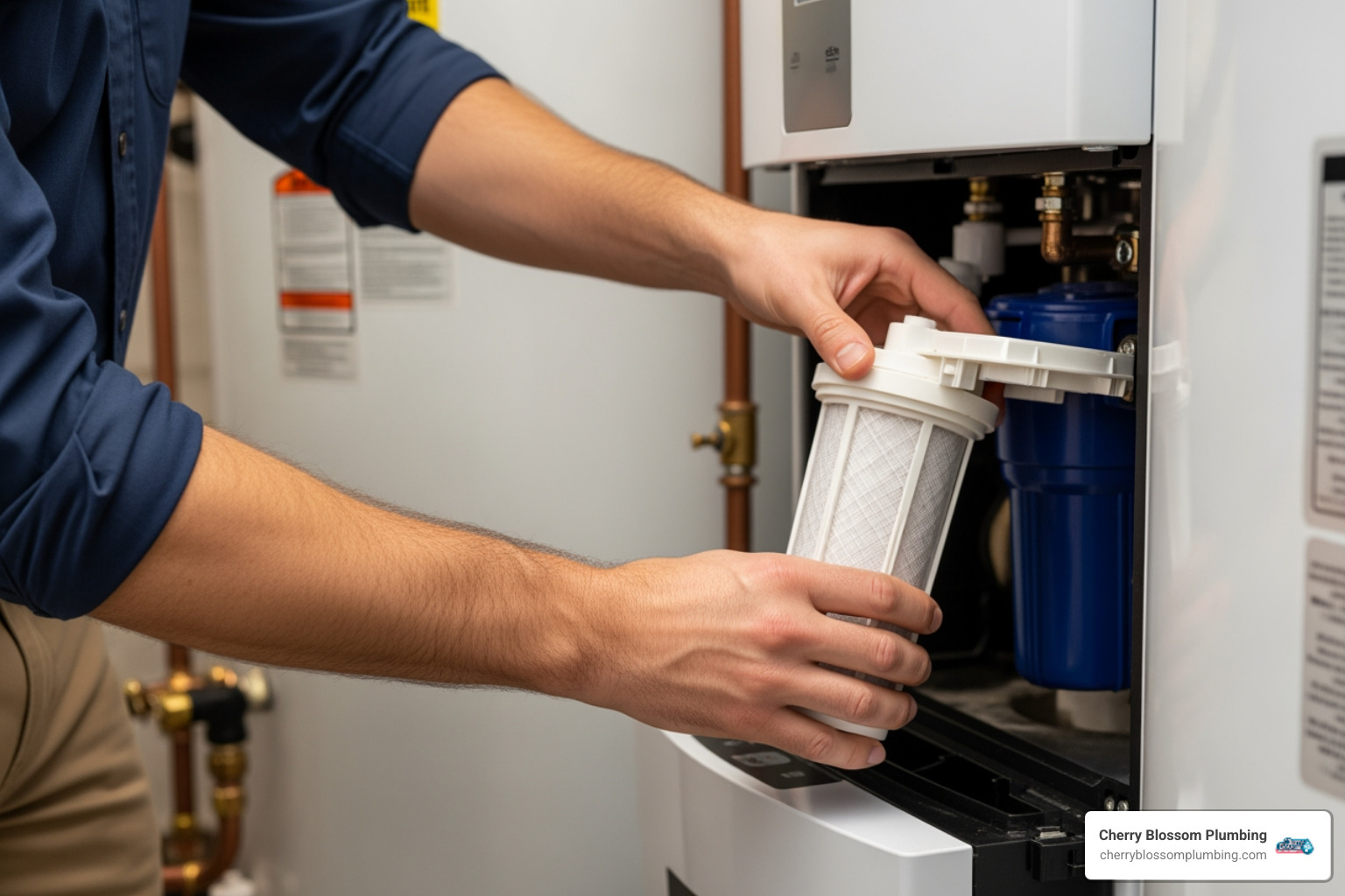 Person changing a water heater filter cartridge - water heater filter Person changing a water heater filter cartridge - water heater filter