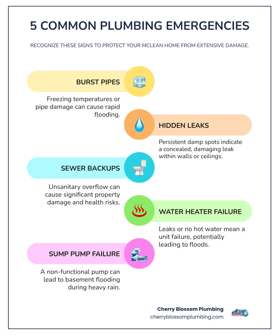 infographic showing five common plumbing emergencies: burst pipes with icicles, water stains on ceiling, backed up toilet, water heater leaking, and sump pump failure with water in basement, each with icon and brief description of warning signs - 24 hour plumber in mcclean va infographic infographic-line-5-steps-colors infographic showing five common plumbing emergencies: burst pipes with icicles, water stains on ceiling, backed up toilet, water heater leaking, and sump pump failure with water in basement, each with icon and brief description of warning signs - 24 hour plumber in mcclean va infographic infographic-line-5-steps-colors
