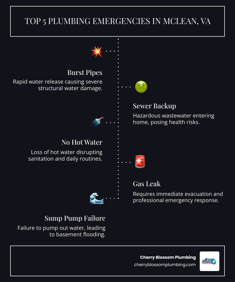 Infographic showing five critical plumbing emergencies: burst pipes with water damage, sewer backup with health hazards, no hot water affecting daily routine, gas leak requiring immediate evacuation, and sump pump failure risking basement flooding - best 24 hour plumber in mcclean, va infographic infographic-line-5-steps-dark