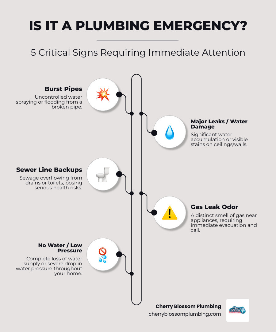 Infographic showing five critical signs you need emergency plumbing: burst pipes with visible water spraying, ceiling water stains indicating hidden leaks, sewage backup in drains, strong gas odor near appliances, and complete loss of water pressure throughout the home - affordable 24 hour plumber in alexandria, va infographic infographic-line-5-steps-elegant_beige