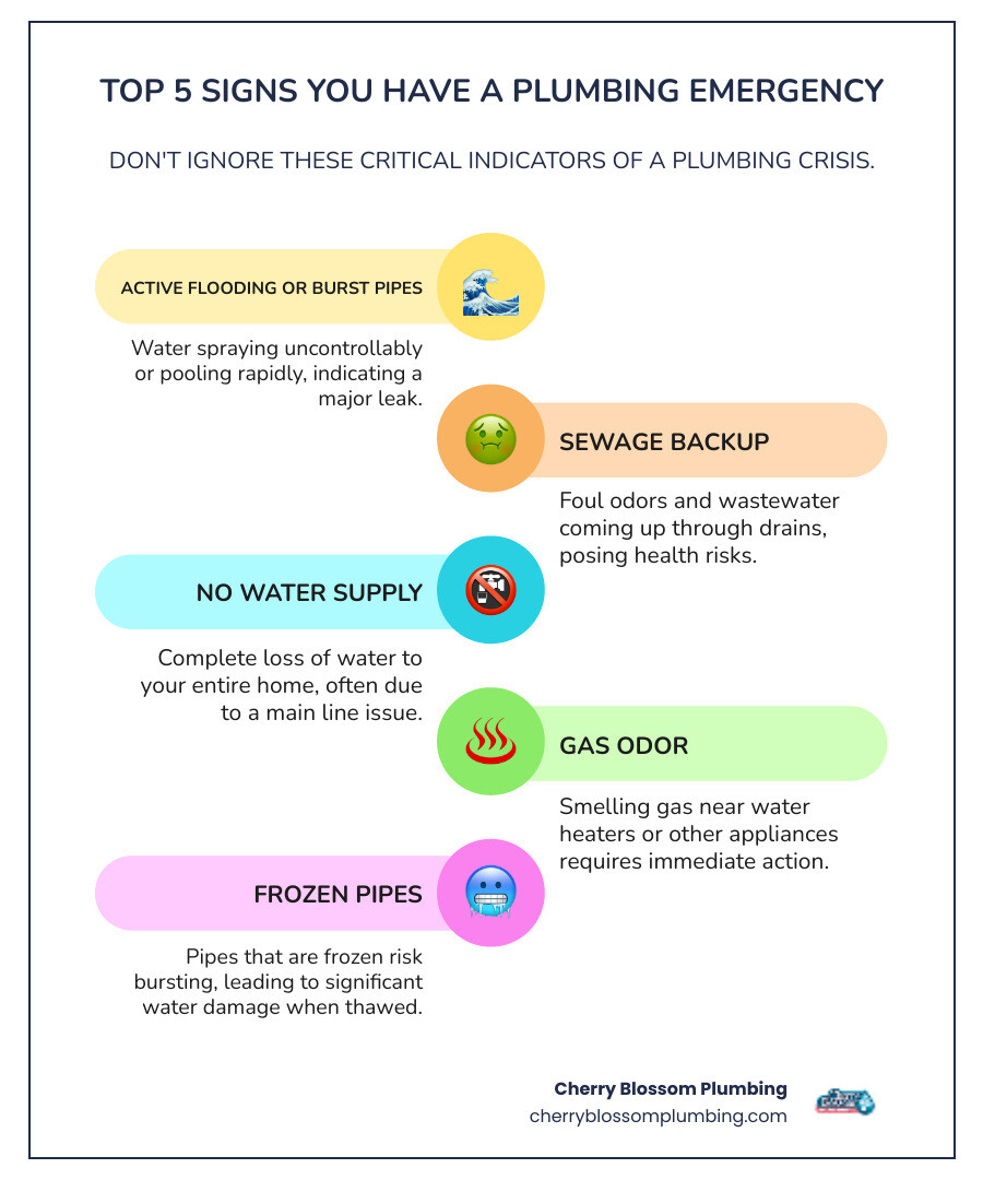 Infographic showing the top 5 signs of a plumbing emergency: 1. Active flooding or burst pipes with water spraying, 2. Sewage backup with foul odors and health risks, 3. No water supply to the entire home, 4. Gas odor near water heater or appliances, 5. Frozen pipes that may burst when thawing - emergency 24 hour plumber in alexandria, va infographic infographic-line-5-steps-colors Infographic showing the top 5 signs of a plumbing emergency: 1. Active flooding or burst pipes with water spraying, 2. Sewage backup with foul odors and health risks, 3. No water supply to the entire home, 4. Gas odor near water heater or appliances, 5. Frozen pipes that may burst when thawing - emergency 24 hour plumber in alexandria, va infographic infographic-line-5-steps-colors