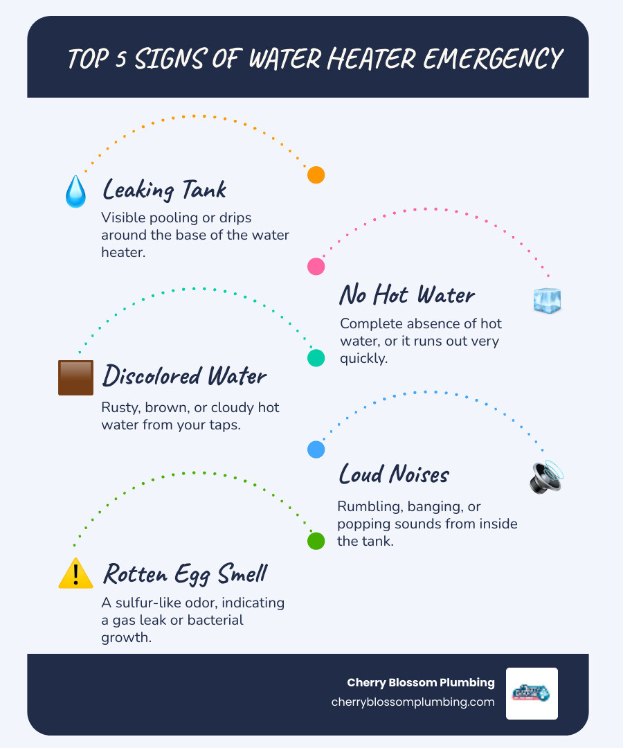 Infographic showing the 5 most common signs of water heater failure: visible water pooling around the base, no hot water production, rusty or discolored water from taps, loud rumbling or banging noises from the tank, and the rotten egg smell of gas leaks - emergency water heater repair in arlington, va infographic infographic-line-5-steps-blues-accent_colors