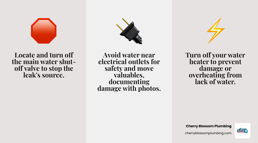 infographic showing three immediate steps during a major leak: first, locate and turn off the main water shut-off valve near the water meter or where the main line enters your home; second, switch off the water heater to prevent tank damage or overheating; third, avoid standing water near electrical outlets and move valuables to dry areas while documenting damage with photos - "I have a major leak and need a 24-hour plumber in Arlington right now." infographic 3_facts_emoji_grey