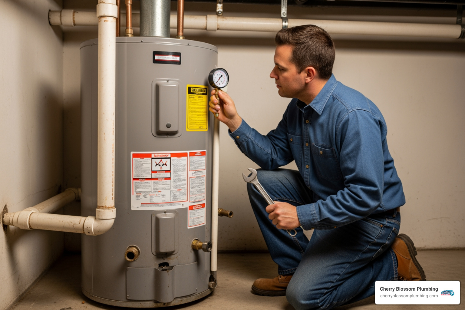 Infographic showing 5 common water heater warning signs: no hot water or insufficient supply, fluctuating water temperature, rusty or discolored water from taps, unusual noises like rumbling or popping sounds, and visible leaks or moisture around the unit - affordable water heater repair in arlington, va