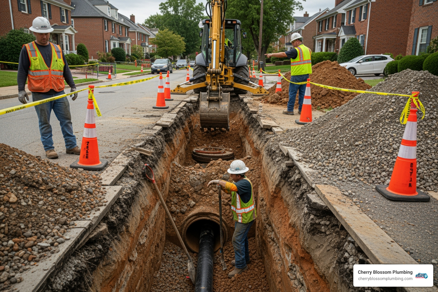 Infographic showing 5 critical signs of sewer emergency: 1. Multiple drains backing up at once with sewage coming through floor drains or toilets, 2. Strong sewage smell inside home or yard indicating a break in the line, 3. Soggy patches or sunken areas in lawn with dark water pooling, 4. Gurgling sounds from drains when using other fixtures suggesting blocked main line, 5. Sewage visible in basement or foundation cracks threatening structural integrity - emergency sewer repair in arlington, va