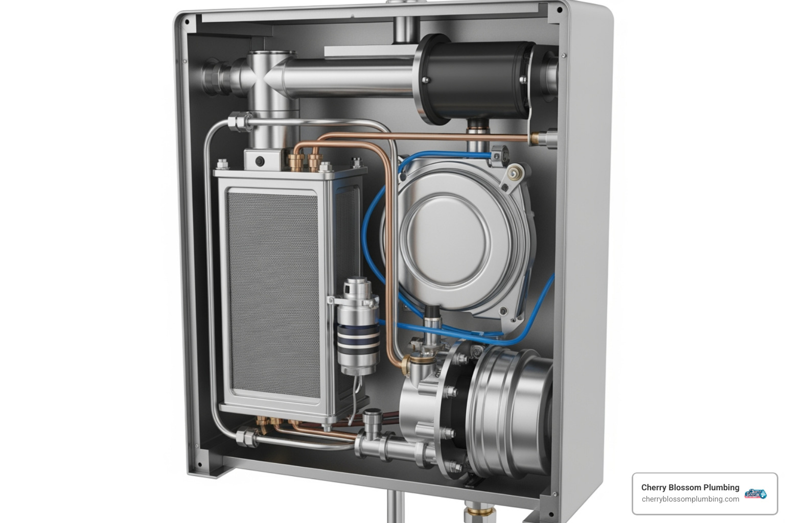 infographic showing the flow of water through a tankless water heater system, highlighting the heat exchanger, flow sensor, and burner assembly, with callouts explaining how on-demand heating provides endless hot water and common failure points like mineral buildup and ignition issues - best tankless water heater repair in mcclean, va