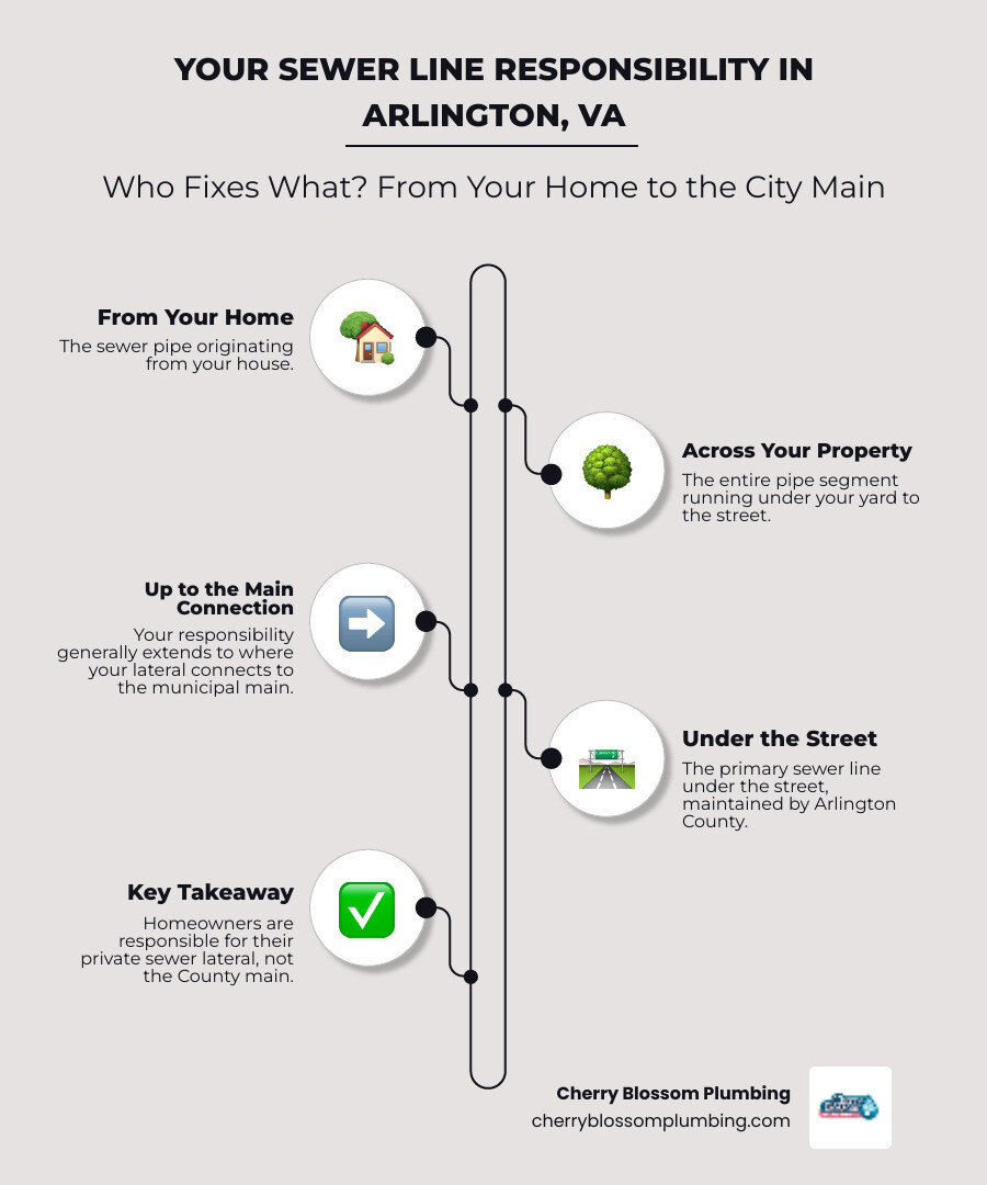 Infographic showing the path of a home's sewer lateral from the house foundation through the yard to the municipal sewer main under the street, with labels indicating homeowner responsibility versus Arlington County responsibility - affordable sewer repair in arlington, va infographic infographic-line-5-steps-elegant_beige