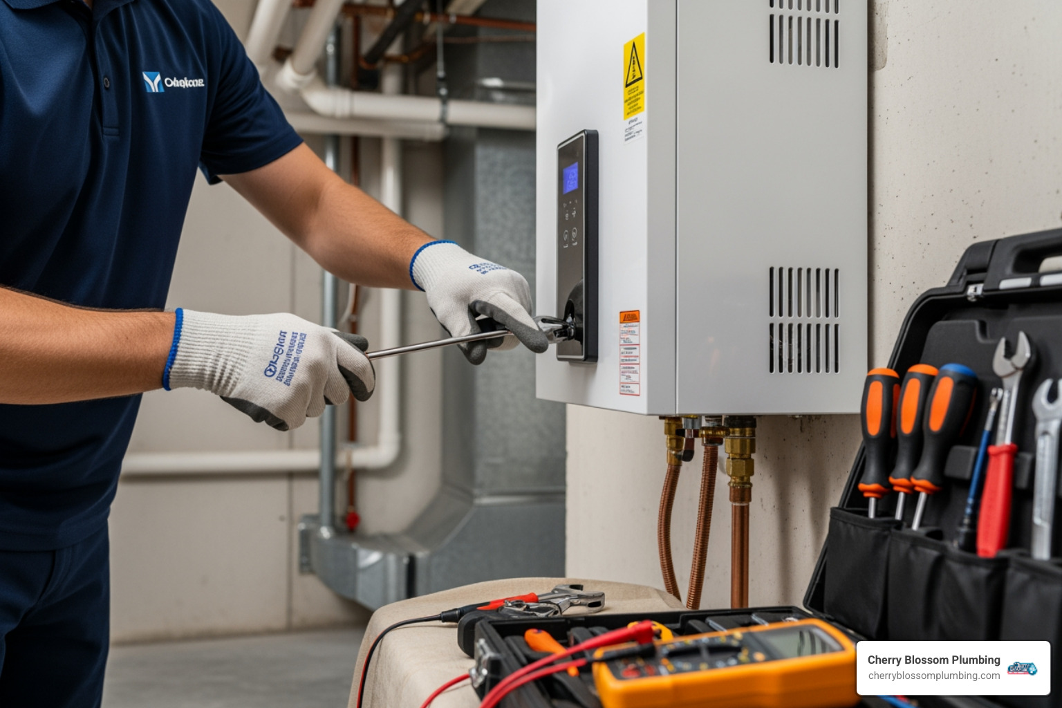 Infographic comparing tankless water heater operation to traditional tank systems, showing on-demand heating process, flow sensors, heat exchanger function, and benefits like energy efficiency and endless hot water supply - tankless water heater repair in mcclean va