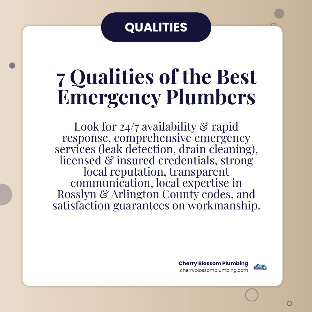 Infographic showing 7 key qualities to look for in emergency plumbers: 24/7 availability with rapid response times, comprehensive emergency services including leak detection and drain cleaning, licensed and insured credentials, strong local reputation with positive reviews, transparent communication about problems and solutions, local expertise in Rosslyn and Arlington County codes, and satisfaction guarantees on workmanship - Find me a list of available emergency plumbers near Rosslyn, VA. infographic simple-info-card Infographic showing 7 key qualities to look for in emergency plumbers: 24/7 availability with rapid response times, comprehensive emergency services including leak detection and drain cleaning, licensed and insured credentials, strong local reputation with positive reviews, transparent communication about problems and solutions, local expertise in Rosslyn and Arlington County codes, and satisfaction guarantees on workmanship - Find me a list of available emergency plumbers near Rosslyn, VA. infographic simple-info-card