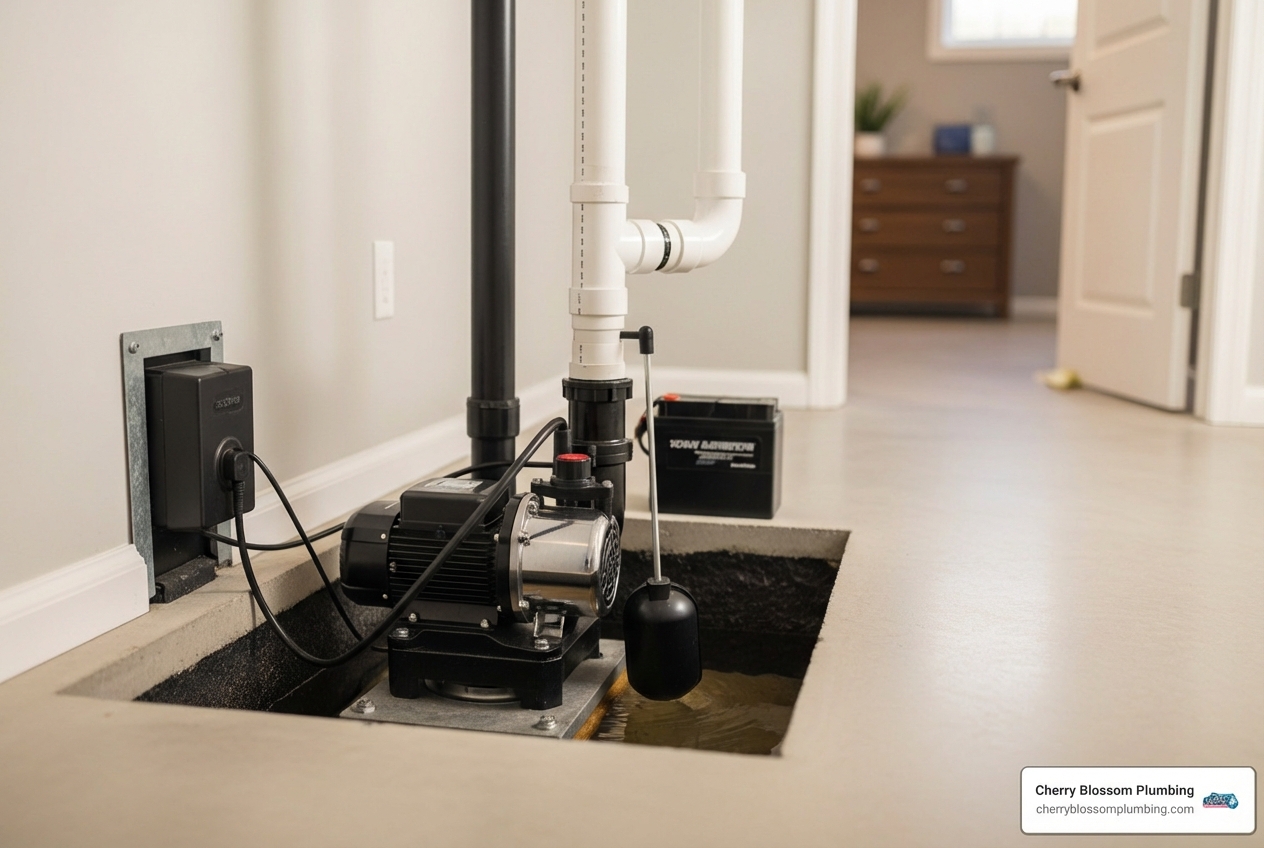 Infographic showing the essential components of a sump pump system: sump pit collects water, float switch detects rising water level, pump motor activates and pushes water through discharge pipe away from foundation, check valve prevents backflow, and battery backup provides protection during power outages - Is Your Sump Pump Ready for Northern Virginia’s Rainy Season?