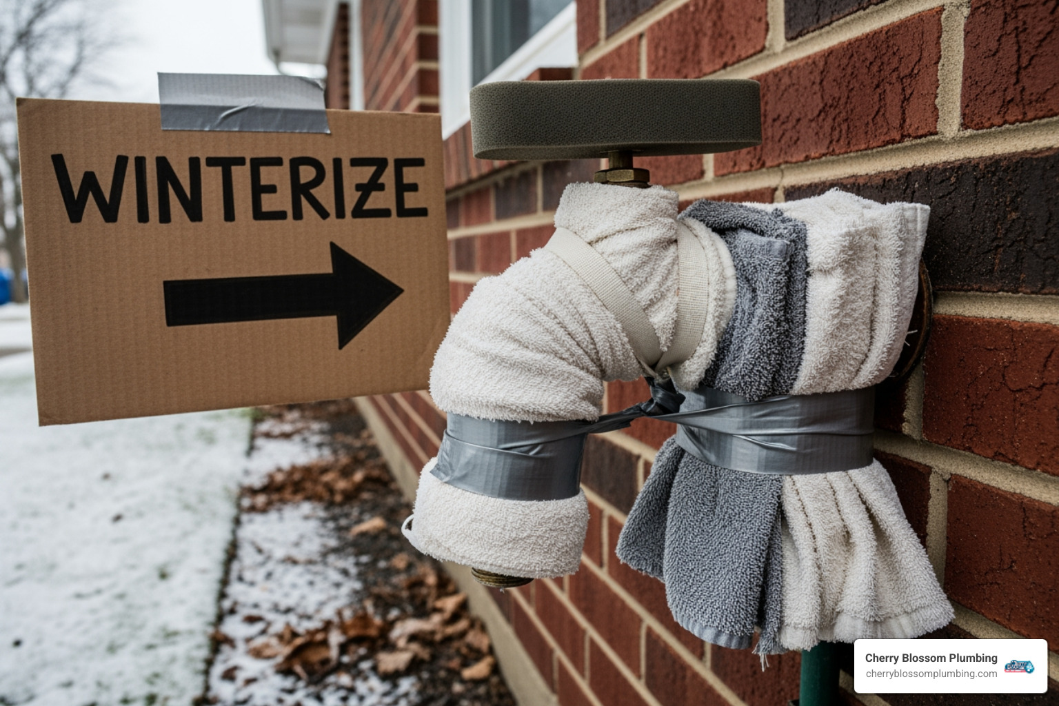 infographic showing water expanding by 9% when it freezes, creating pressure inside a pipe that leads to cracks and bursts, with labeled diagrams of an outdoor faucet, shut-off valve, and proper winterization steps including disconnecting hoses, draining water, and installing faucet covers - How do I prevent my faucet from freezing outside? 