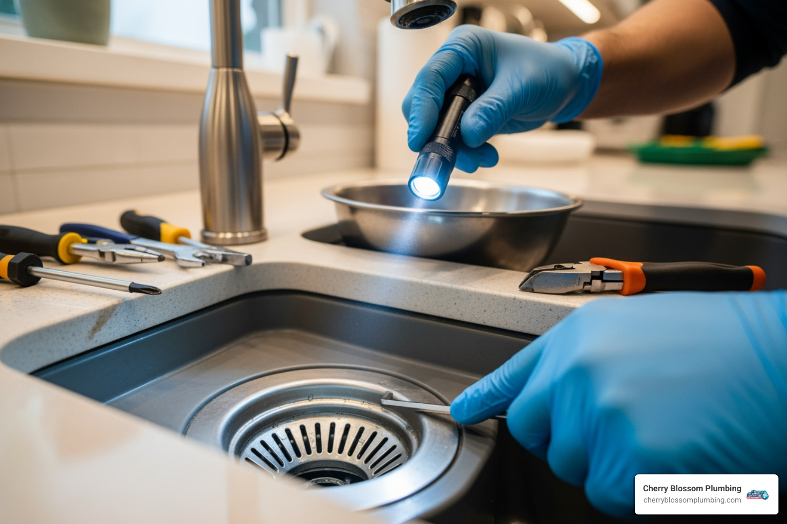 Infographic explaining the basic anatomy of a garbage disposal including the hopper, shredder ring, impeller plate, motor, drain pipe connection, and reset button location, with labels indicating common failure points like jammed impellers and loose drain connections - garbage disposal repair Rosslyn, VA