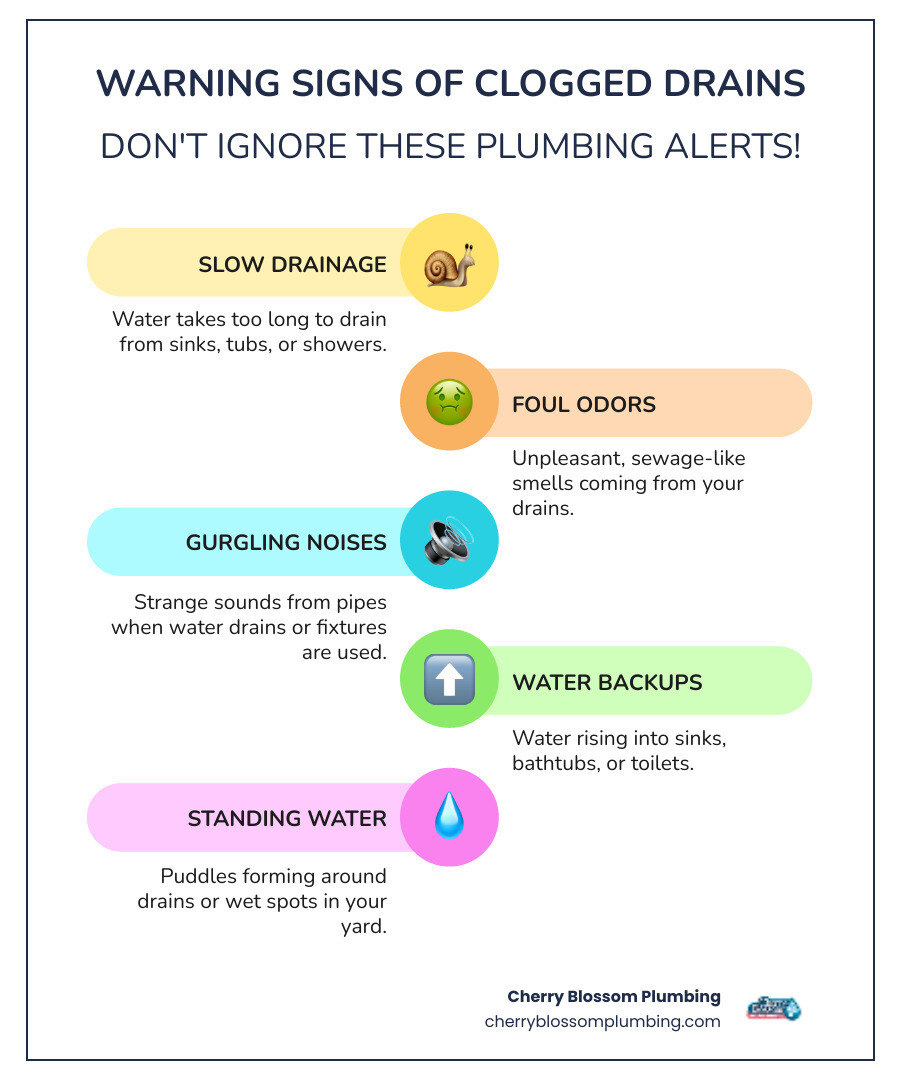 infographic showing warning signs of clogged drains including slow drainage, bad odors, gurgling sounds, water backups, and standing water, with icons for each symptom and a note indicating when to call a professional plumber - drain cleaning Shirlington, VA infographic infographic-line-5-steps-colors