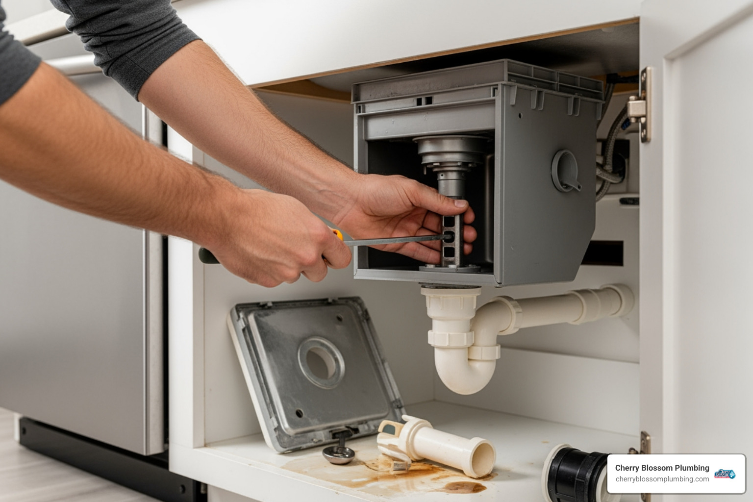 infographic showing the anatomy of a garbage disposal including the hopper, grinding chamber, impellers, motor, and drain connection - garbage disposal repair Shirlington, VA