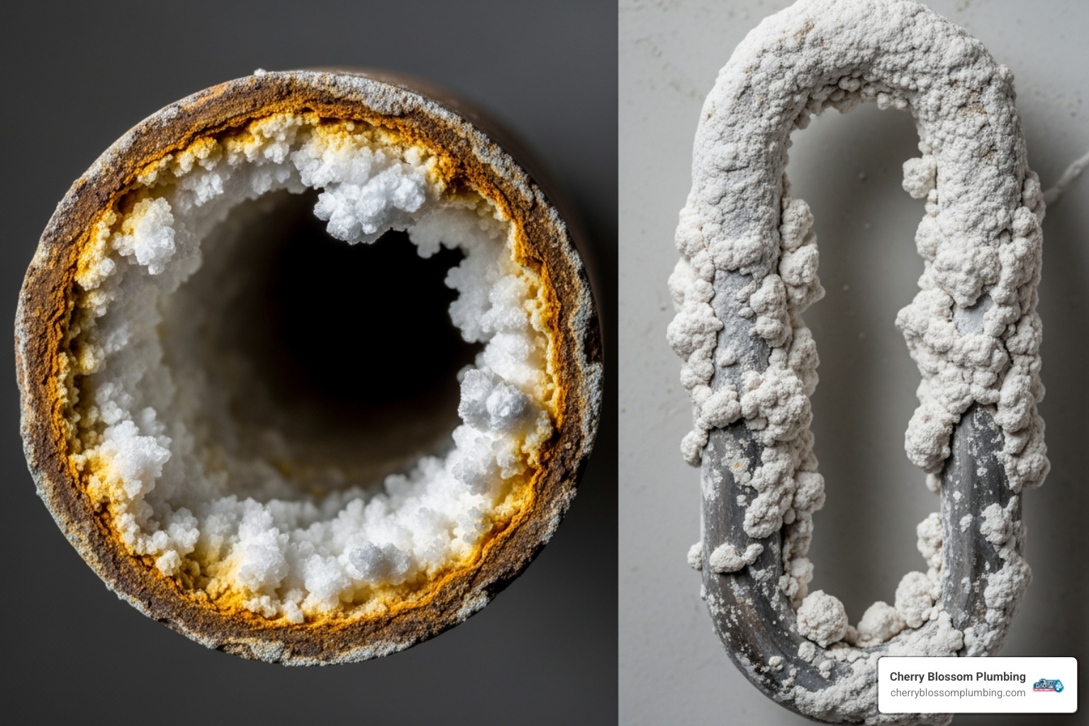 infographic showing cross-section of a pipe with mineral scale buildup on the interior walls and a water heater heating element covered in white crusty deposits, with labels for calcium, magnesium, reduced efficiency, and increased energy costs - The Impact of Arlington’s Water Quality on Your Appliances
