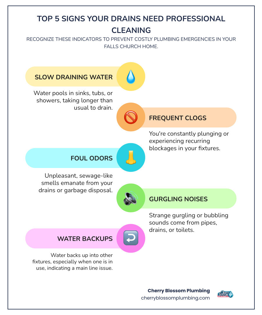 Infographic showing the top 5 signs your drains need professional cleaning: slow drainage with water pooling in sink, frequent clogs requiring repeated plunging, foul sewage odors from drains, gurgling or bubbling sounds from pipes, and water backing up in multiple fixtures simultaneously - Drain cleaning Falls Church VA infographic infographic-line-5-steps-colors
