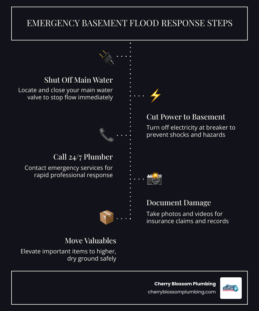 Infographic showing emergency basement flooding response steps: 1. Shut off main water valve, 2. Turn off electricity to basement, 3. Call 24/7 emergency plumber, 4. Document damage with photos, 5. Move valuables to safety, 6. Avoid standing water near electrical sources - "My basement is flooding in Falls Church, who provides emergency plumbing services?" infographic infographic-line-5-steps-dark