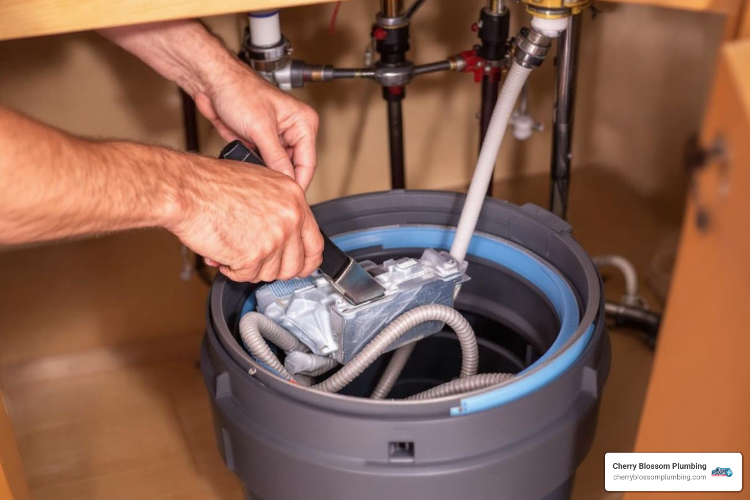 Infographic showing the anatomy of a garbage disposal with labeled parts including the hopper, shredder ring, impellers, motor, reset button, and drain connection, plus a simple flowchart showing how food waste enters, gets ground, and exits through the drain - garbage disposal repair Wolf Trap, VA