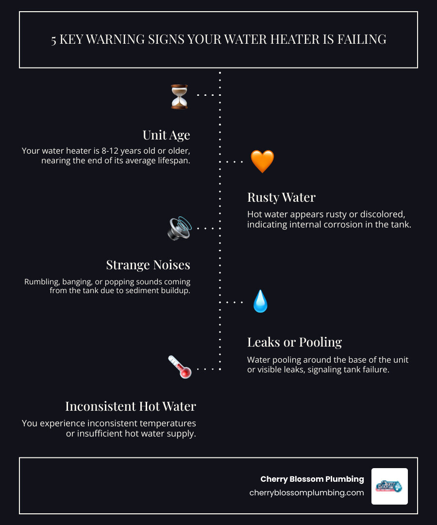 Infographic showing 5 key warning signs your water heater is failing: 1) Unit is 8-12 years old or older, 2) Rusty or discolored hot water, 3) Rumbling or banging noises from tank, 4) Water pooling around base or visible leaks, 5) Inconsistent temperature or insufficient hot water supply - best water heater installation in alexandria, va infographic infographic-line-5-steps-dark Infographic showing 5 key warning signs your water heater is failing: 1) Unit is 8-12 years old or older, 2) Rusty or discolored hot water, 3) Rumbling or banging noises from tank, 4) Water pooling around base or visible leaks, 5) Inconsistent temperature or insufficient hot water supply - best water heater installation in alexandria, va infographic infographic-line-5-steps-dark