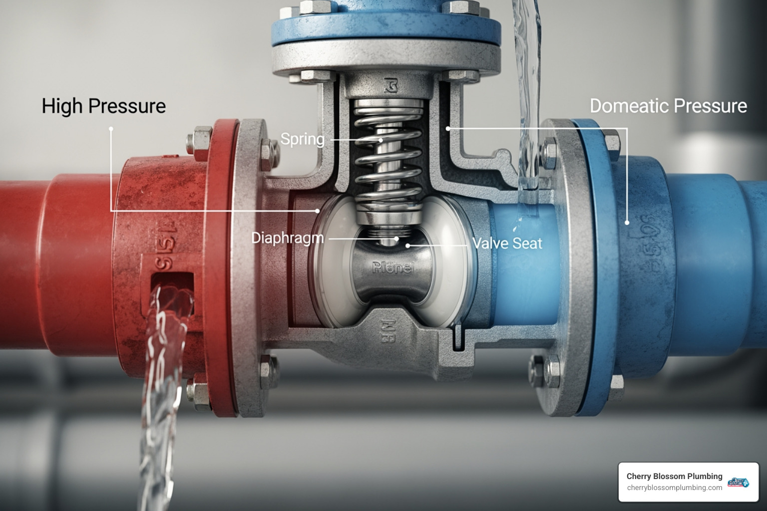 Infographic showing how a PRV works with labeled diagram of spring-loaded diaphragm mechanism regulating high incoming water pressure down to safe 50-60 PSI outlet pressure, plus visual comparison of damage caused by high vs. regulated pressure including burst pipes, appliance failures, and water waste statistics - Why do I need a PRV? Infographic showing how a PRV works with labeled diagram of spring-loaded diaphragm mechanism regulating high incoming water pressure down to safe 50-60 PSI outlet pressure, plus visual comparison of damage caused by high vs. regulated pressure including burst pipes, appliance failures, and water waste statistics - Why do I need a PRV?