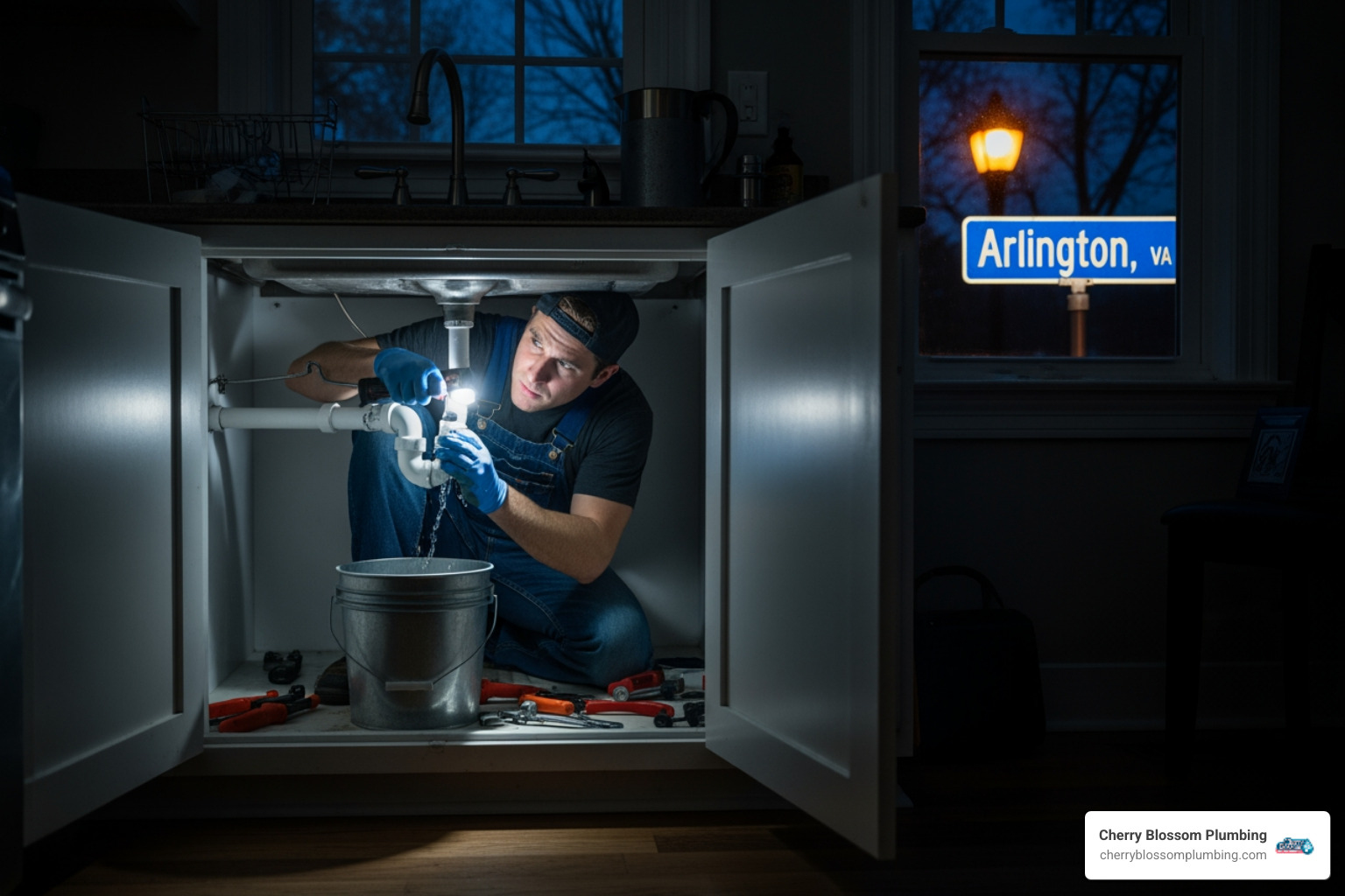 Infographic showing when to call an emergency plumber immediately: continuous water flow that won't stop, sewage backing up into your home, smell of gas or rotten eggs, complete loss of water supply, water pooling near electrical outlets or appliances, and frozen pipes showing signs of cracking - emergency 24 hour plumber in arlington, va