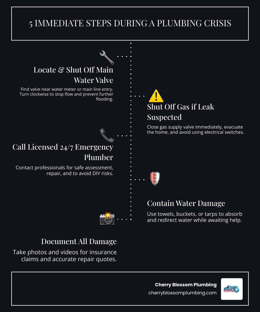 infographic showing 5 immediate steps during a plumbing crisis: 1. Locate and turn off main water shut-off valve 2. Shut off gas supply if leak suspected and evacuate 3. Call licensed 24/7 emergency plumber immediately 4. Contain water damage with towels and buckets 5. Take photos and document all damage for insurance - 24 hour emergency plumber in arlington, va infographic infographic-line-5-steps-dark