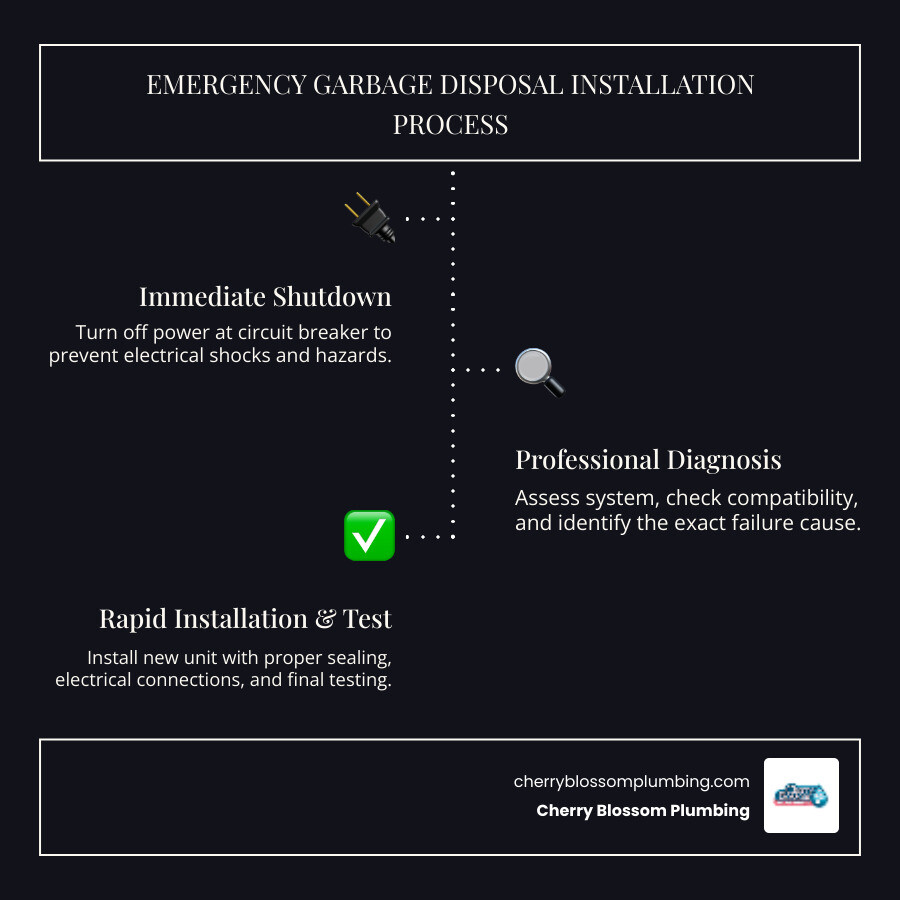 emergency garbage disposal installation process infographic showing four steps: immediate shutdown and safety assessment, professional diagnosis and compatibility check, rapid installation with proper sealing and electrical connection, and final testing with maintenance guidance - emergency garbage disposal installation in arlington, va infographic infographic-line-3-steps-dark emergency garbage disposal installation process infographic showing four steps: immediate shutdown and safety assessment, professional diagnosis and compatibility check, rapid installation with proper sealing and electrical connection, and final testing with maintenance guidance - emergency garbage disposal installation in arlington, va infographic infographic-line-3-steps-dark