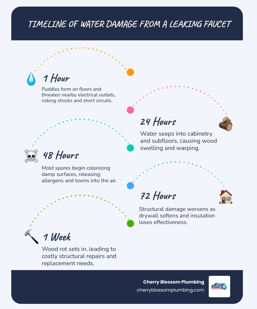 Infographic showing the timeline of water damage from a leaking faucet: within 1 hour puddles form and threaten electrical outlets; within 24 hours water seeps into cabinetry and subfloors causing swelling; within 48 hours mold spores begin colonizing damp surfaces; within 1 week structural wood rot and costly repairs become necessary, illustrating why immediate 24 hour faucet installation in Alexandria VA prevents escalating damage - 24 hour faucet installation in alexandria, va infographic infographic-line-5-steps-blues-accent_colors Infographic showing the timeline of water damage from a leaking faucet: within 1 hour puddles form and threaten electrical outlets; within 24 hours water seeps into cabinetry and subfloors causing swelling; within 48 hours mold spores begin colonizing damp surfaces; within 1 week structural wood rot and costly repairs become necessary, illustrating why immediate 24 hour faucet installation in Alexandria VA prevents escalating damage - 24 hour faucet installation in alexandria, va infographic infographic-line-5-steps-blues-accent_colors