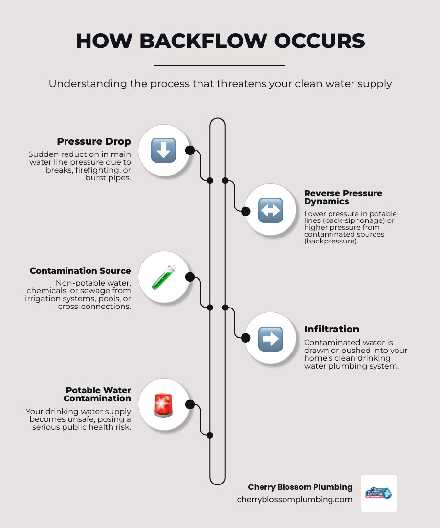 Infographic showing how backflow occurs when water pressure drops in the main supply line, allowing contaminated water from irrigation systems, pools, or cross-connections to reverse flow into home plumbing, with arrows indicating normal flow versus backflow direction and common contamination sources like pesticides, chemicals, and bacteria - emergency backflow prevention in arlington, va infographic infographic-line-5-steps-elegant_beige