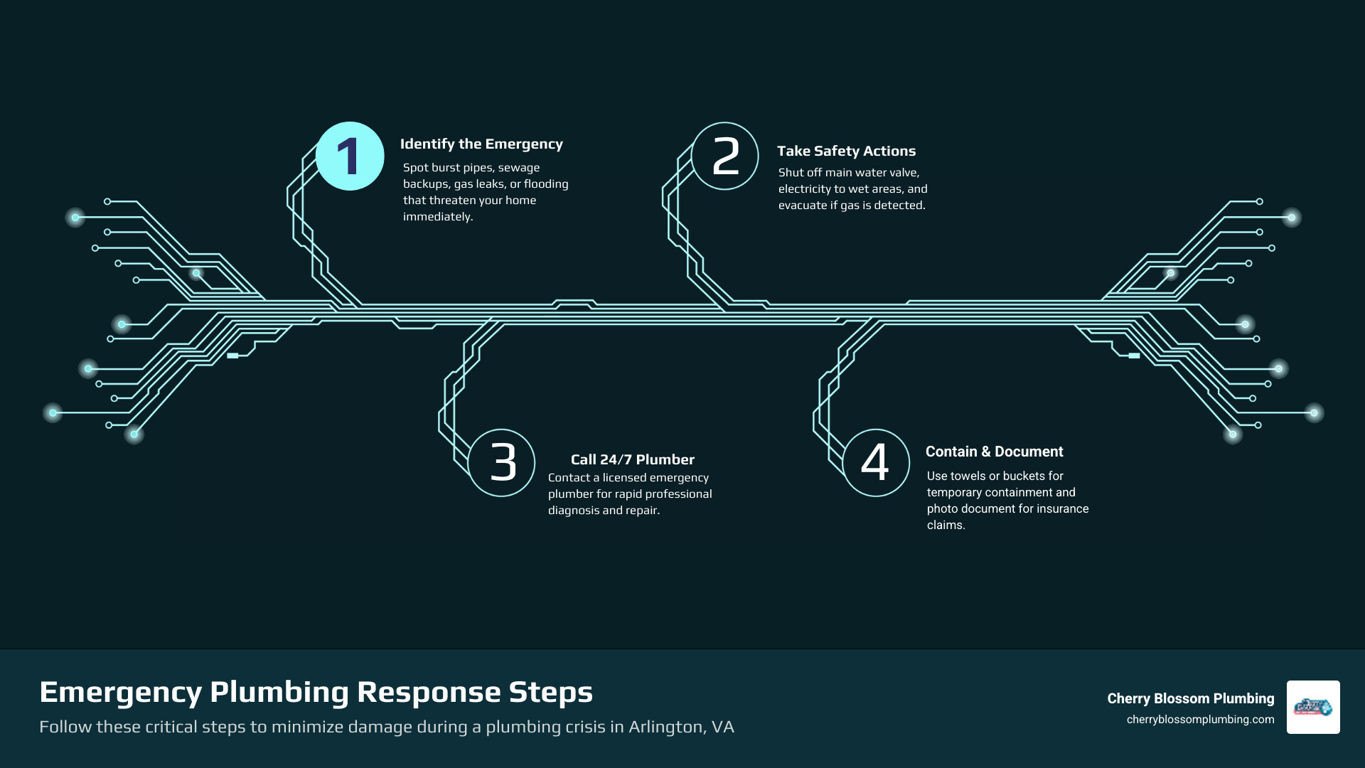 Infographic showing emergency plumbing response steps: 1. Identify the emergency (burst pipe, sewage backup, gas leak, flooding). 2. Take immediate safety actions (shut off water main, turn off electricity, evacuate if gas). 3. Call 24/7 emergency plumber serving Arlington, VA. 4. Contain damage temporarily with towels, buckets, or pipe clamps. 5. Professional arrives, diagnoses with advanced tools, and performs permanent repair. 6. Schedule follow-up inspection to prevent future emergencies. - emergency plumbing services in Arlington, VA infographic infographic-4-steps-tech Infographic showing emergency plumbing response steps: 1. Identify the emergency (burst pipe, sewage backup, gas leak, flooding). 2. Take immediate safety actions (shut off water main, turn off electricity, evacuate if gas). 3. Call 24/7 emergency plumber serving Arlington, VA. 4. Contain damage temporarily with towels, buckets, or pipe clamps. 5. Professional arrives, diagnoses with advanced tools, and performs permanent repair. 6. Schedule follow-up inspection to prevent future emergencies. - emergency plumbing services in Arlington, VA infographic infographic-4-steps-tech