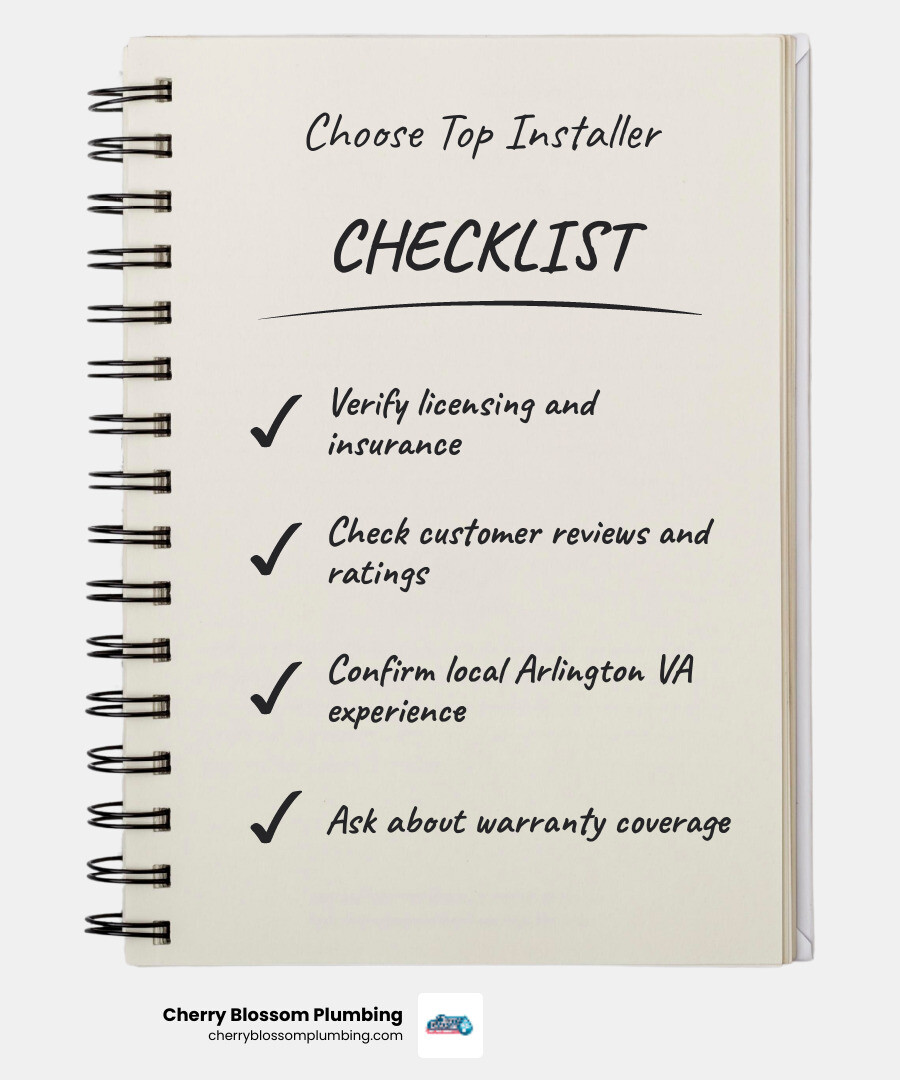 Infographic showing the key factors for choosing a garbage disposal installer: verify licensing and insurance, check customer reviews and ratings, confirm local Arlington VA experience, ask about warranty coverage, ensure same-day service availability, and request transparent upfront pricing - best garbage disposal installation in arlington, va infographic checklist-notebook Infographic showing the key factors for choosing a garbage disposal installer: verify licensing and insurance, check customer reviews and ratings, confirm local Arlington VA experience, ask about warranty coverage, ensure same-day service availability, and request transparent upfront pricing - best garbage disposal installation in arlington, va infographic checklist-notebook