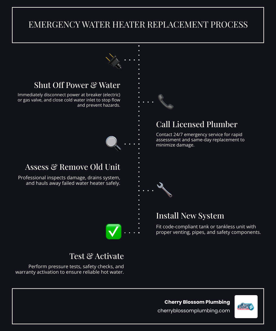 Emergency water heater replacement process infographic showing 5 steps: 1. Shut off power and water supply immediately, 2. Call licensed plumber for same-day service, 3. Professional assessment and old unit removal, 4. New system installation with code compliance, 5. Safety testing and warranty activation - emergency water heater replacement in arlington, va infographic infographic-line-5-steps-dark Emergency water heater replacement process infographic showing 5 steps: 1. Shut off power and water supply immediately, 2. Call licensed plumber for same-day service, 3. Professional assessment and old unit removal, 4. New system installation with code compliance, 5. Safety testing and warranty activation - emergency water heater replacement in arlington, va infographic infographic-line-5-steps-dark