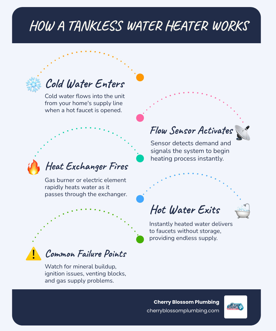 Infographic showing tankless water heater operation: cold water enters unit, flows through heat exchanger activated by hot water demand, gas burner or electric element heats water instantly, hot water exits to faucets without storage tank, with common failure points marked including ignition system, venting, mineral buildup, and gas supply - 24 hour tankless water heater repair in arlington, va infographic infographic-line-5-steps-blues-accent_colors Infographic showing tankless water heater operation: cold water enters unit, flows through heat exchanger activated by hot water demand, gas burner or electric element heats water instantly, hot water exits to faucets without storage tank, with common failure points marked including ignition system, venting, mineral buildup, and gas supply - 24 hour tankless water heater repair in arlington, va infographic infographic-line-5-steps-blues-accent_colors