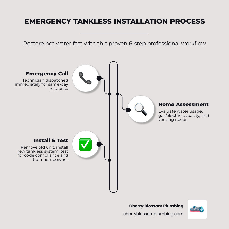 Infographic showing the emergency tankless water heater installation process: 1) Emergency call received, 2) Licensed technician assesses your home's water usage and gas/electric capacity, 3) Old unit safely removed, 4) New tankless unit installed with proper venting and connections, 5) System tested and inspected for code compliance, 6) Homeowner trained on operation and maintenance - emergency tankless water heater installation in arlington, va infographic infographic-line-3-steps-elegant_beige Infographic showing the emergency tankless water heater installation process: 1) Emergency call received, 2) Licensed technician assesses your home's water usage and gas/electric capacity, 3) Old unit safely removed, 4) New tankless unit installed with proper venting and connections, 5) System tested and inspected for code compliance, 6) Homeowner trained on operation and maintenance - emergency tankless water heater installation in arlington, va infographic infographic-line-3-steps-elegant_beige