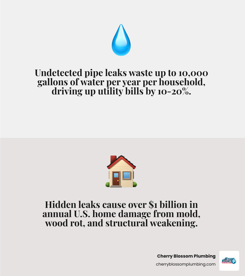 infographic showing how undetected pipe leaks lead to structural damage, mold growth, increased water bills, and foundation issues in Arlington VA homes, with statistics on repair timelines and prevention benefits - affordable pipe leak repair in arlington, va infographic 2_facts_emoji_grey