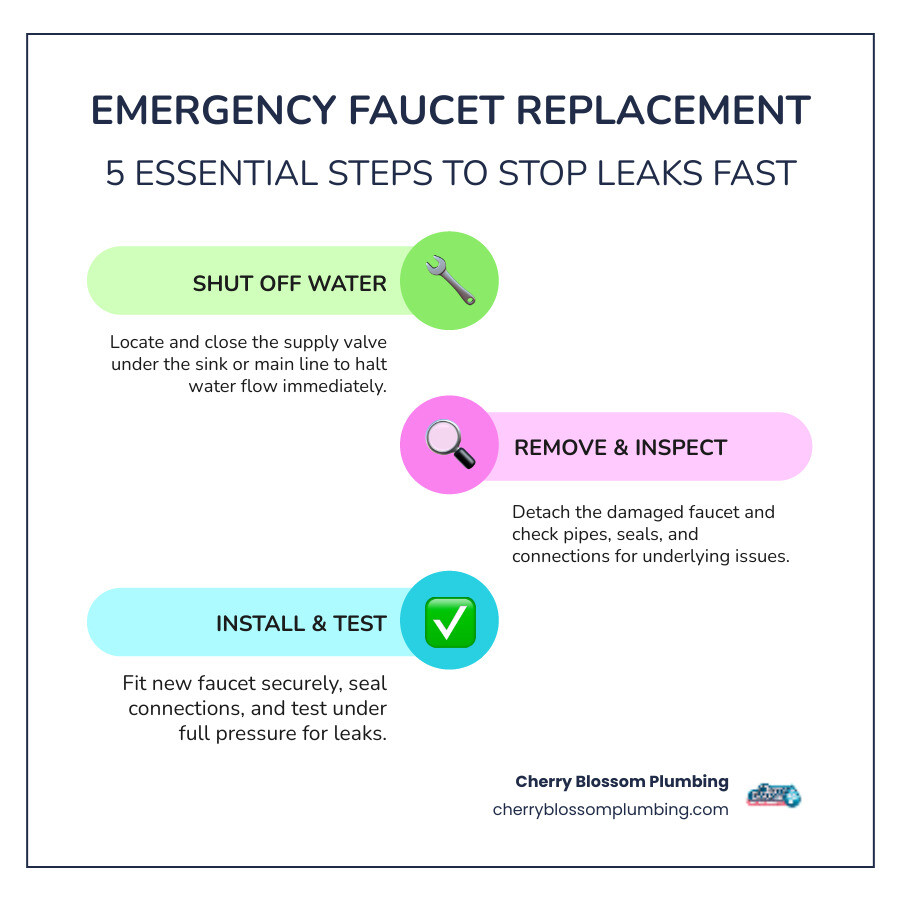 Infographic showing the 5-step emergency faucet replacement process: 1) Shut off water supply at valve or main line, 2) Remove damaged faucet and inspect connections, 3) Select appropriate replacement fixture for home's plumbing system, 4) Install new faucet with proper seals and secure mounting, 5) Test for leaks and restore full water pressure - emergency faucet installation in arlington, va infographic infographic-line-3-steps-colors